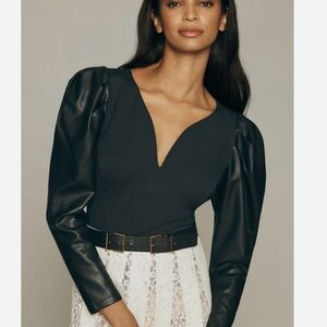 Deep v puff sleeve with vegan leather sleeves